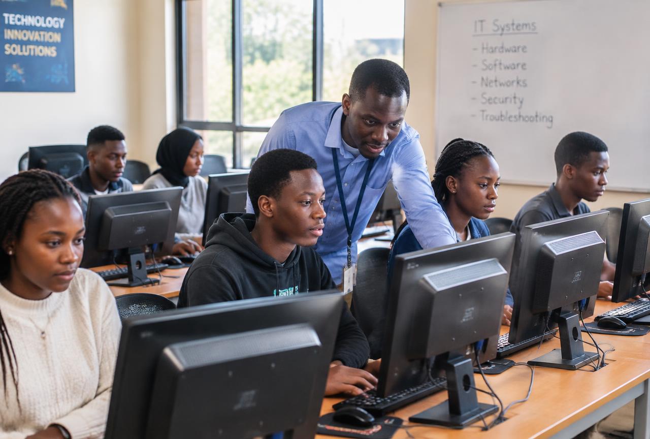 Students learning practical computer skills